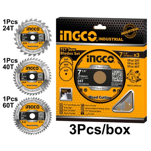 Jogo de discos serra circular 7.1/4 pol (185mm x 30mm) 3 unidades 24/40/60 dentes INGCO