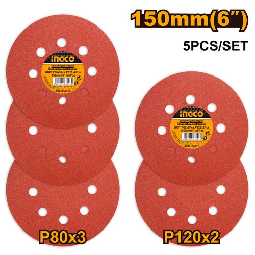 Jogo de discos de lixa para lixadeira orbital 150mm (P80 e P120) com 5 peças INGCO