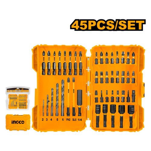 Conjunto de bits, brocas e soquetes de impacto com 45 peças INGCO