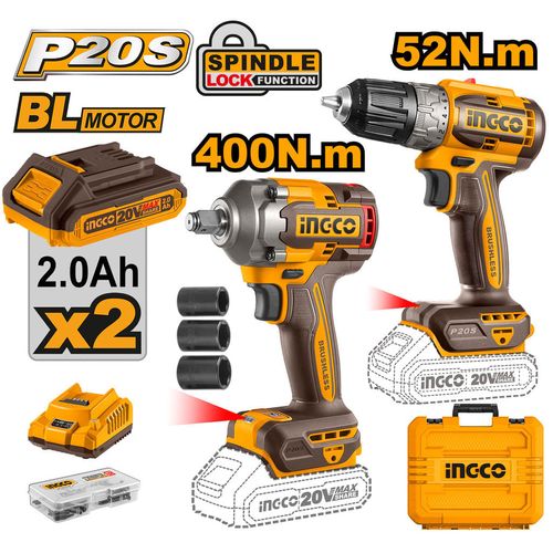 Combo 20V Parafusadeira e Furadeira 3/8 Pol Brushless + Chave de Impacto 400Nm Encaixe Quadrado 1/2