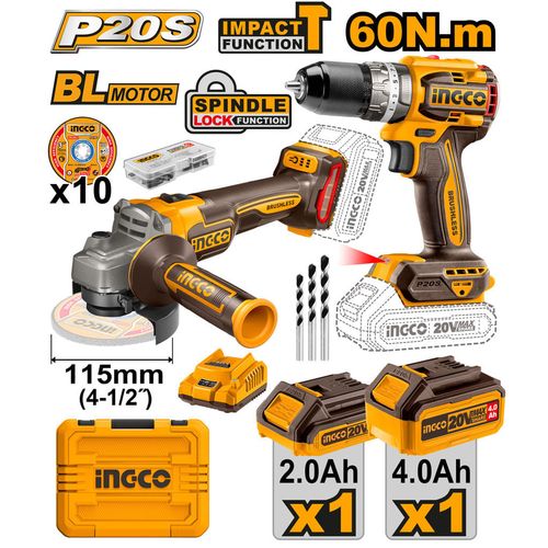 Combo 20V Parafusadeira de Impacto 1/2 Pol Brushless + Esmerilhadeira Brushless 4.1/2 Pol à Bateria