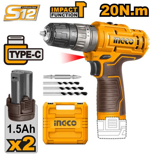 Parafusadeira e Furadeira 3/8 com Impacto à Bateria 12V Linha S12 INGCO