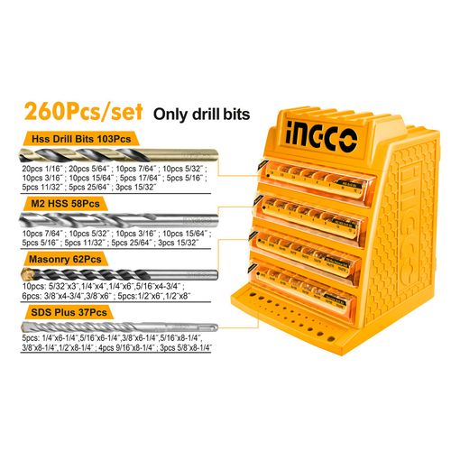 Conjunto de Brocas HSS-CO, M2 HSS, SDS Plus e Alvenaria com 260 Peças INGCO
