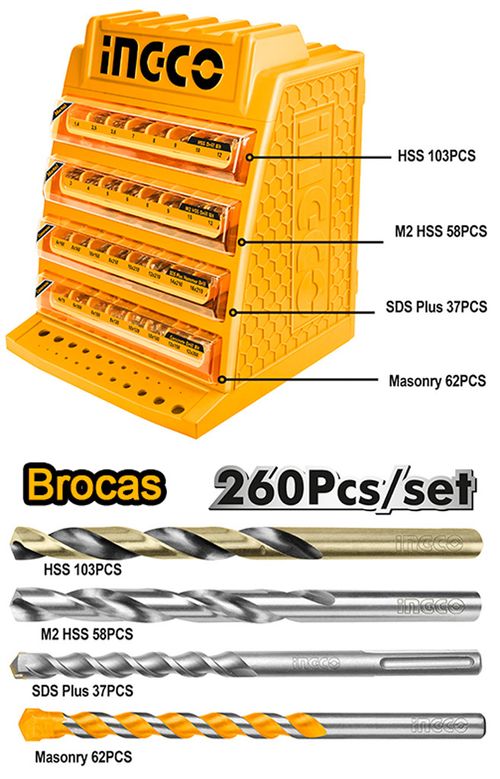 Conjunto de Brocas HSS-CO, M2 HSS, SDS Plus e Alvenaria com 260 Peças INGCO