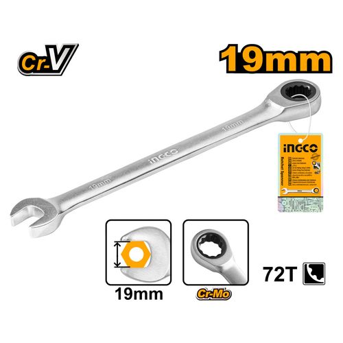 Chave Combinada Com Catraca 19MM Em Aço Cr-V E Corpo Cromado INGCO