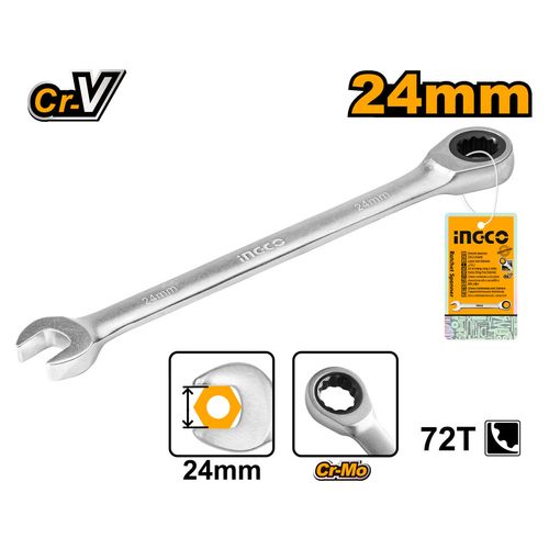 Chave Combinada com Catraca 24MM em Aço Cr-V e Corpo Cromado INGCO