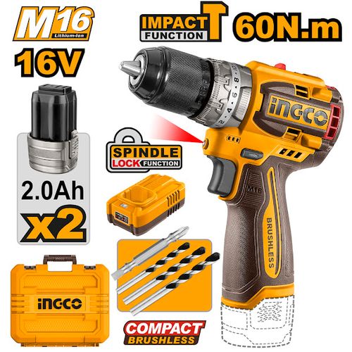 Parafusadeira/Furadeira BL 60 Nm Impacto 1/2" À Bateria 16V Linha M16 C/ 2 Bat 2.0Ah INGCO