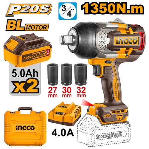 Chave De Impacto BL 1350 Nm Encaixe Quadrado 3/4" À Bateria 20V Linha P20S Com 2 Baterias 5.0Ah INGC