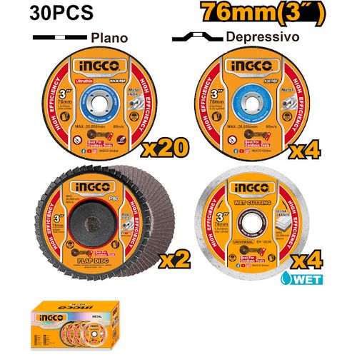 Jogo de Discos de Corte, Desbaste e Diamantado 3Pol 30 Peças para Mini Esmerilhadeira INGCO