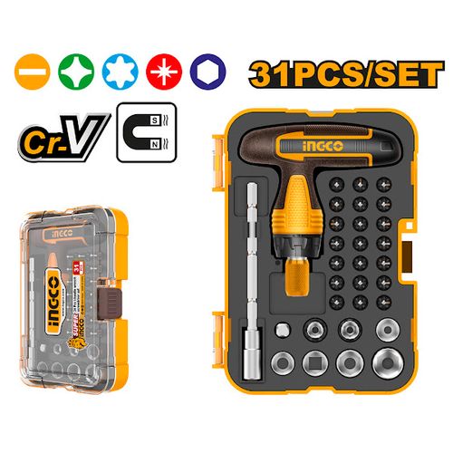 Conjunto De Bits Com Cabo Em T Com Catraca Com 31 Peças INGCO