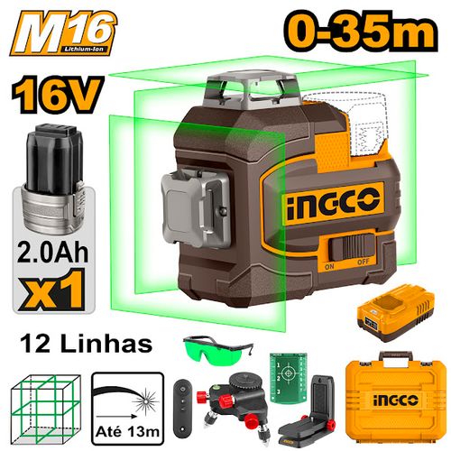 Nível a Laser à Bateria 12 Linhas Verdes Linha M16 INGCO