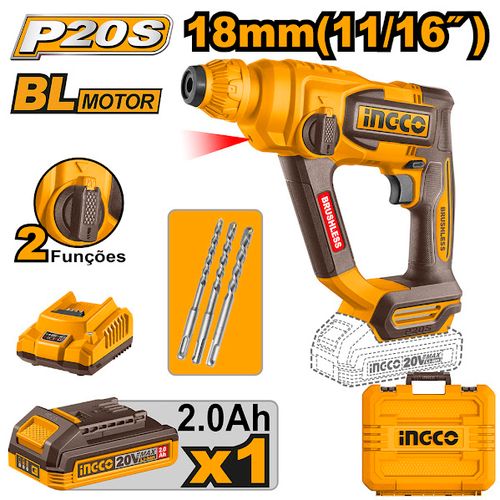 Martelete Combinado Brushless 18mm 1.8J SDS Plus À Bateria 20V Linha P20S Com 1 Bateria 2.0Ah INGCO