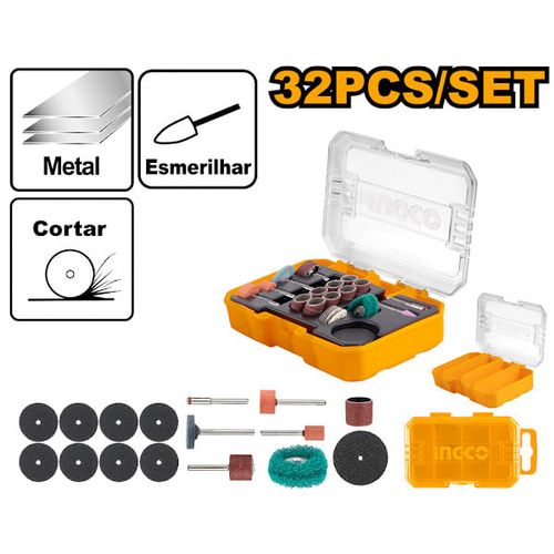 Conjunto de Acessórios para Micro Retífica com 32 Peças para Lixamento e Corte INGCO