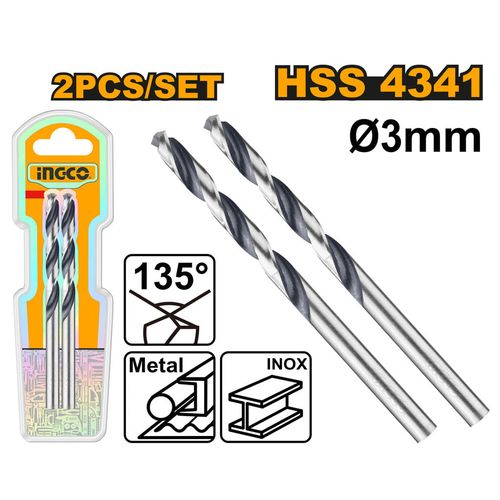 Broca HSS Helicoidal 3×61 mm Pack 2 Un. INGCO