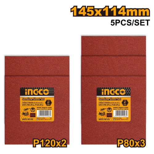 Jogo Folhas Lixa 145×114 mm P80/P120 5 Peças INGCO