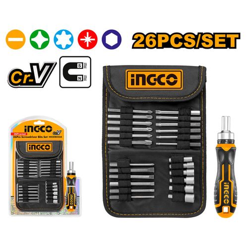 Jogo De Bits Com Suporte Com Catraca Com 26 Peças INGCO