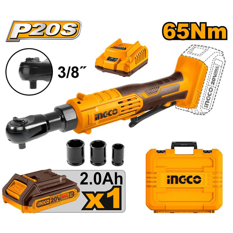 Chave Catraca 3/8 à Bateria 20V INGCO Kit Completo com Maleta e Acessórios