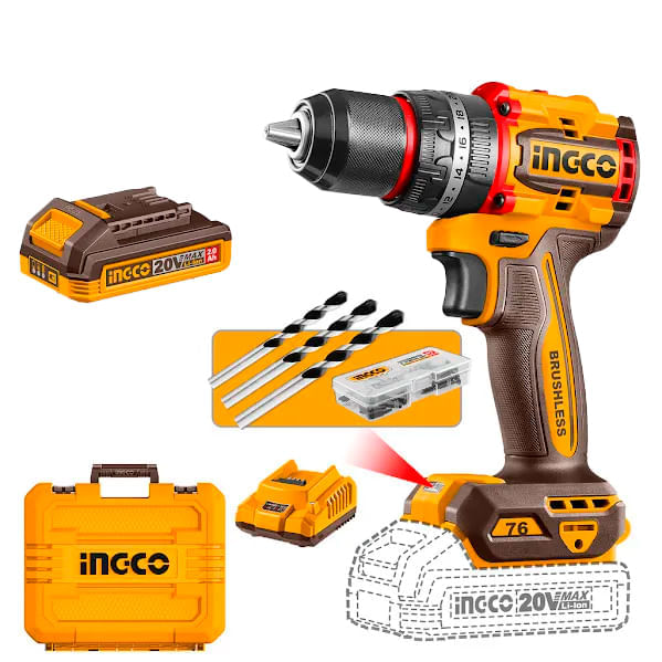 Parafusadeira e Furadeira INGCO 20V Linha P20S com 2 Baterias – CDLI20028