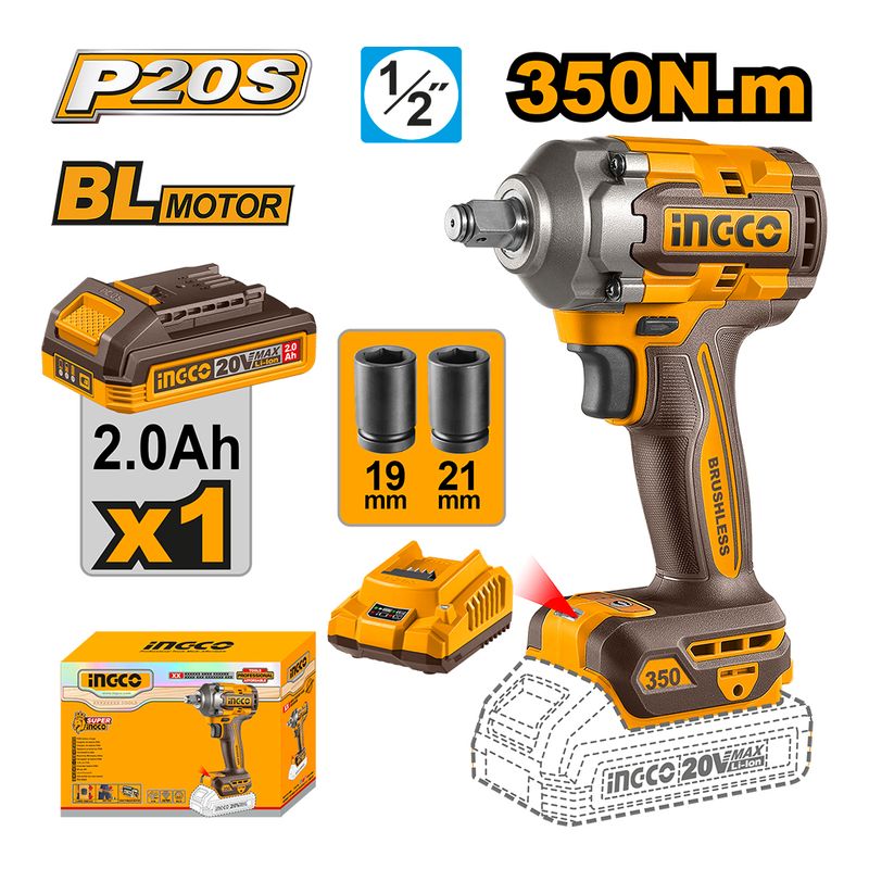 Chave de Impacto 350Nm à Bateria 20V P20S INGCO Kit Completo - CIWLI203519-1