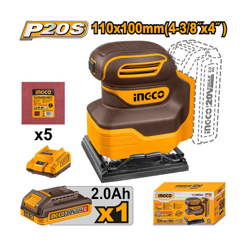 Lixadeira Orbital 110x100 à Bateria P20S INGCO Kit Completo - CSHSLI201419-1