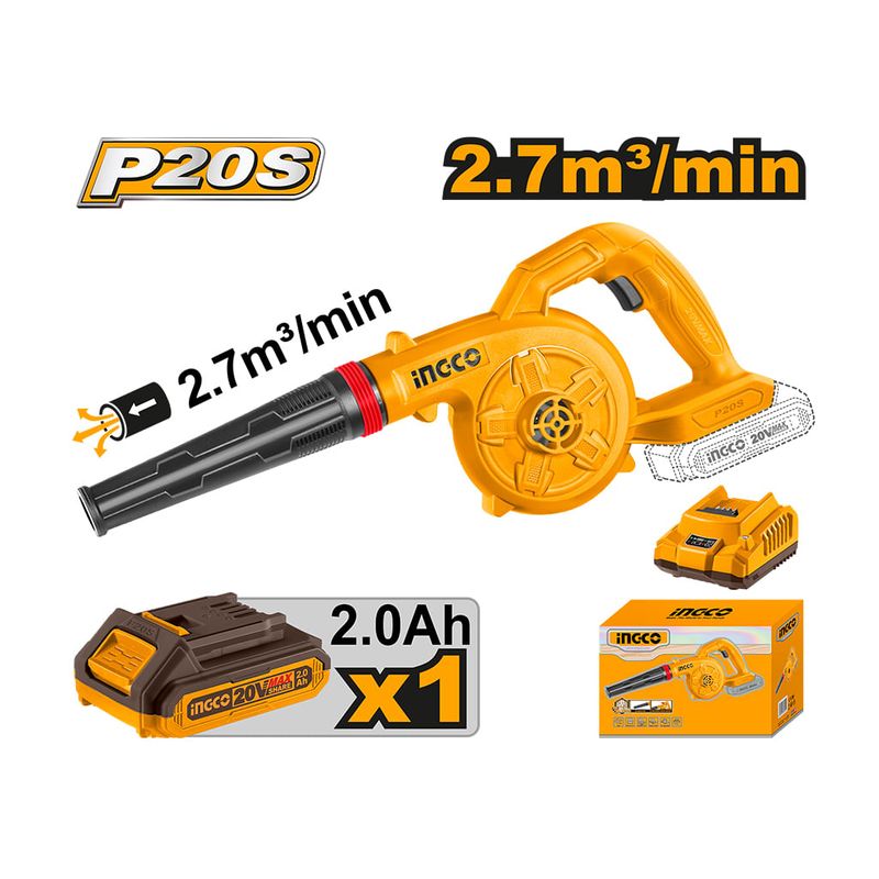 Soprador 2.7m³/min à Bateria 20V Linha P20S INGCO – Kit completo com soprador, bateria e carregador