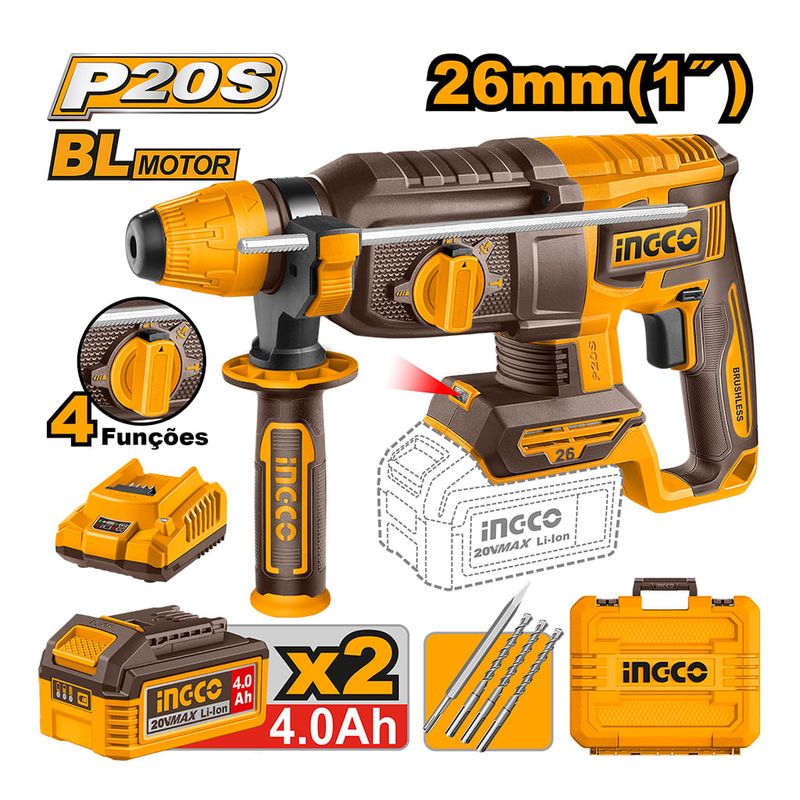 Martelete Combinado SDS Plus à Bateria 20V P20S INGCO Kit Completo - CRHLI2026829-2
