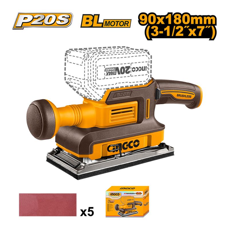 Lixadeira Orbital 180x90mm à Bateria P20S INGCO Kit Completo - CFSLI2031-1