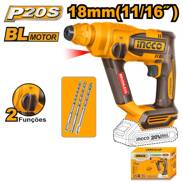 Martelete Combinado Brushless 20V INGCO com Acessórios – CRHLI20168