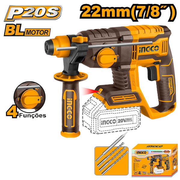 Martelete Combinado Brushless 20V INGCO Compacto e Potente – CRHLI2038-3