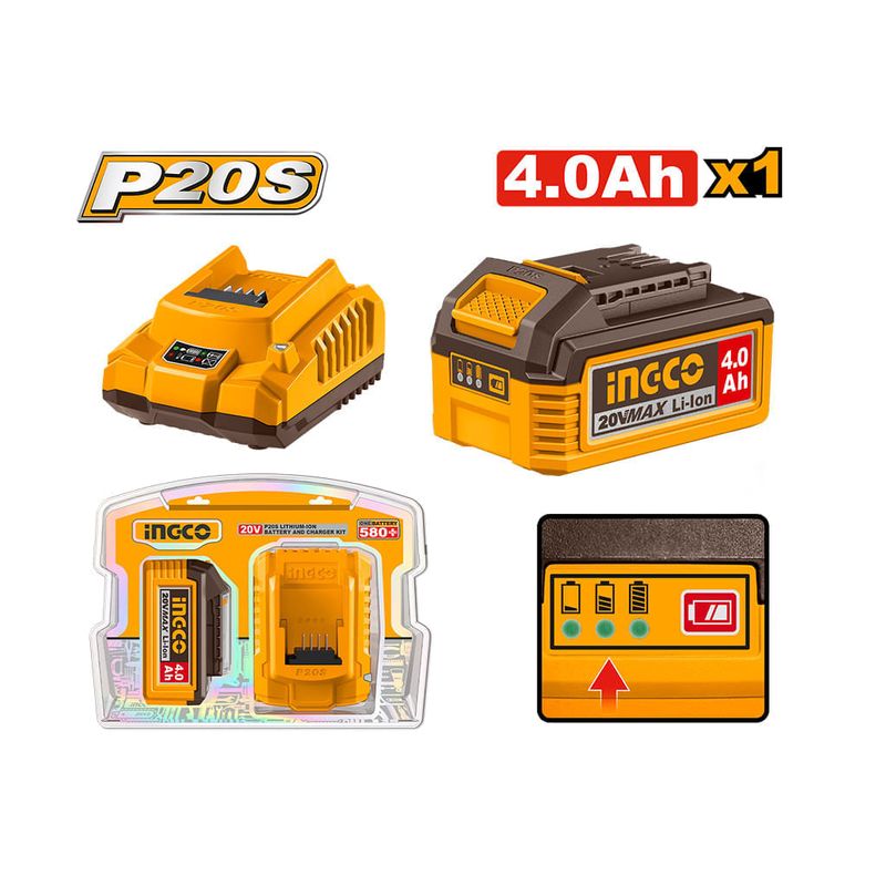 Kit com 1 Carregador 2Ah e 1 Bateria 4Ah P20S INGCO Completo - FBCPK10129-1
