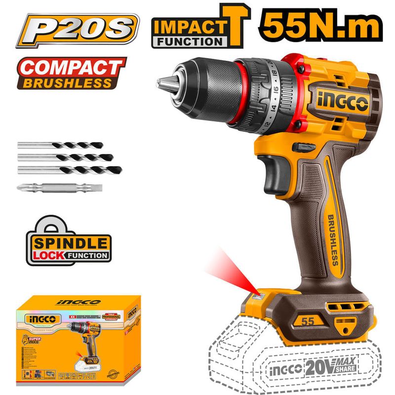 Parafusadeira e Furadeira à Bateria 20V INGCO Kit Completo com Baterias e Acessórios