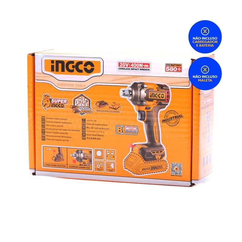 Chave de Impacto 400 Nm 1/2” 20V INGCO Kit Completo com Acessórios Linha P20S
