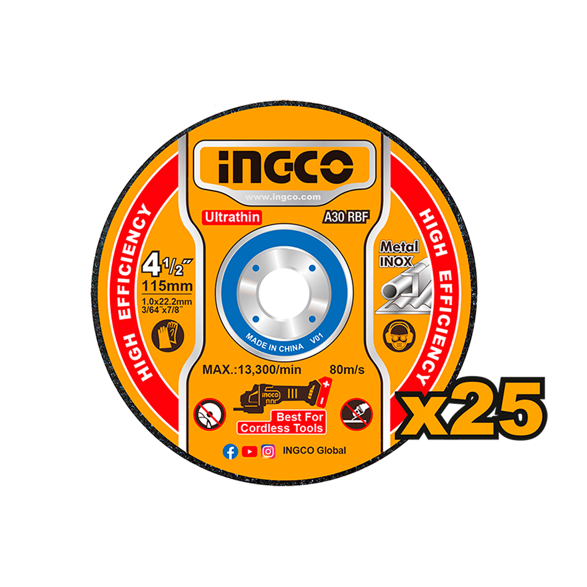Jogo de Discos de Corte Metal e Inox 115mm 25 Unidades INGCO