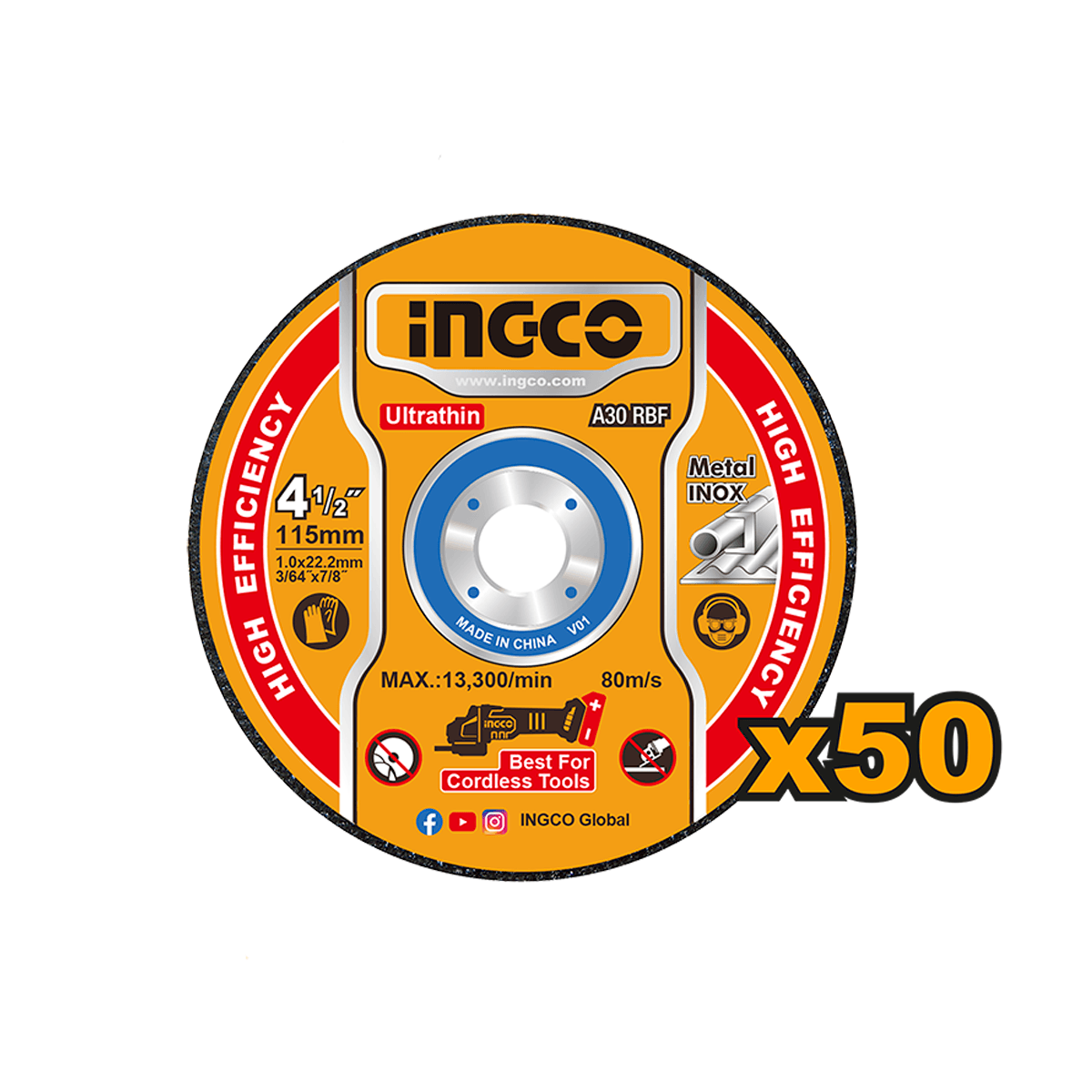 Jogo de Discos de Corte Metal e Inox 115mm 50 Unidades INGCO