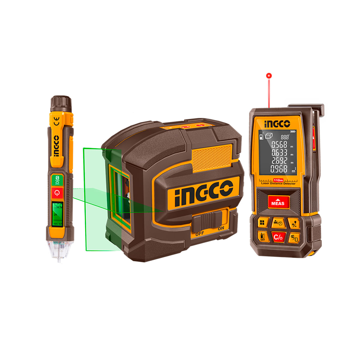 Combo Nível a Laser Linhas Verdes 35m, Trena a Laser 110m e Detector de Tensão INGCO