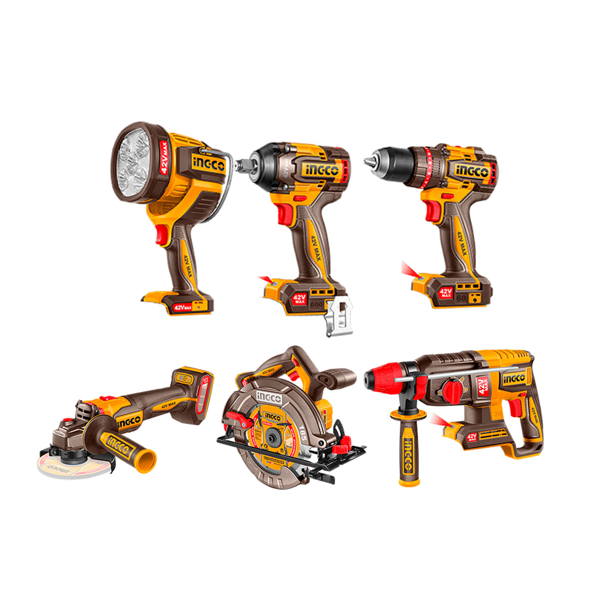Combo 6 Ferramentas Brushless 42V com 2 Baterias 2,5Ah e Carregador INGCO